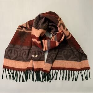 FENDI Red Pink Stripe Acrylic Fringe Scarf Shawl